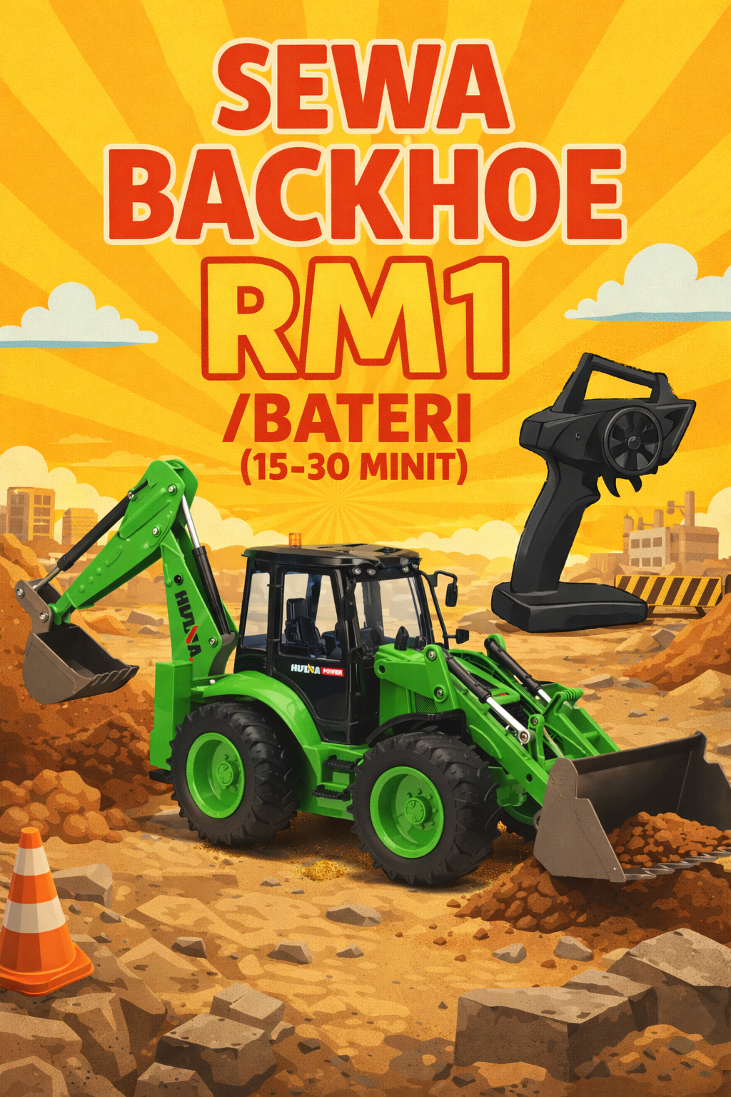 Sewa RC backhoe at construction site